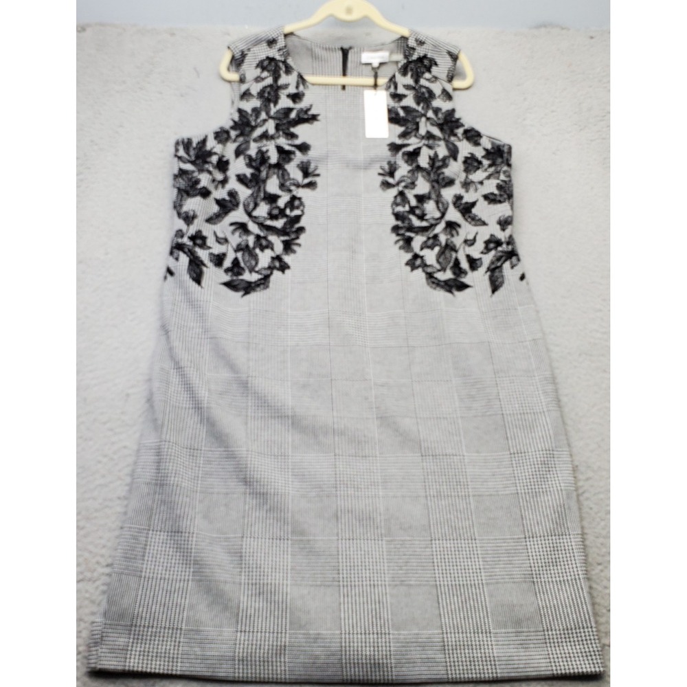 Calvin Klein Sheath Dress Womens 18W Black White Glen Plaid Lined Embroidered